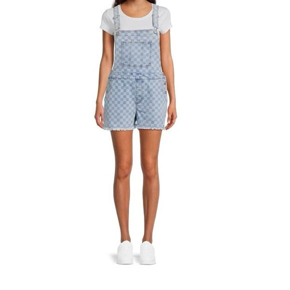 No Boundaries Checkered Denim Shortalls Overalls Junior Size XL 15-17 Re… - Picture 1 of 15